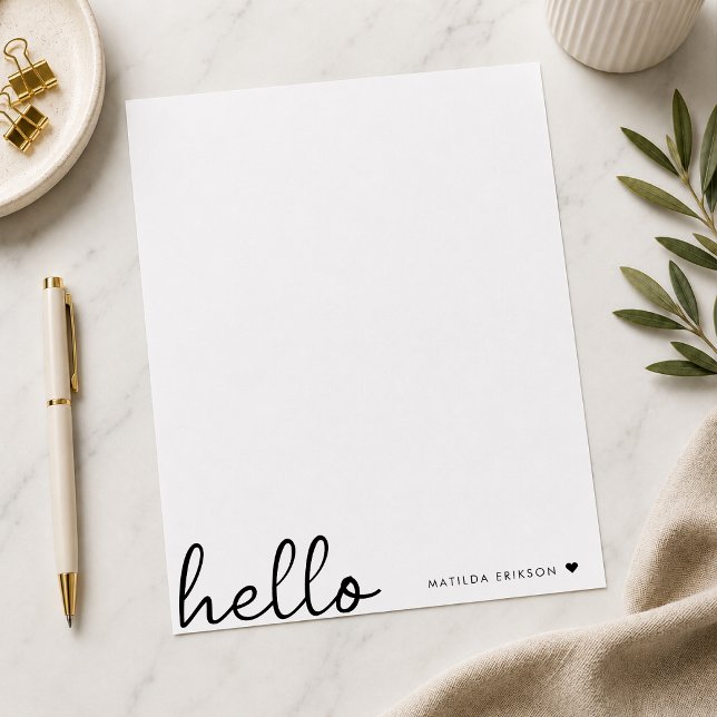 Minimal Hello | Modern Heart Clean Simple White Custom Letterhead (Personalized hello letterhead with custom name detail for notes and thank you letters.)