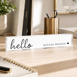 Minimal Hello Modern Heart Clean Simple White Nameplate