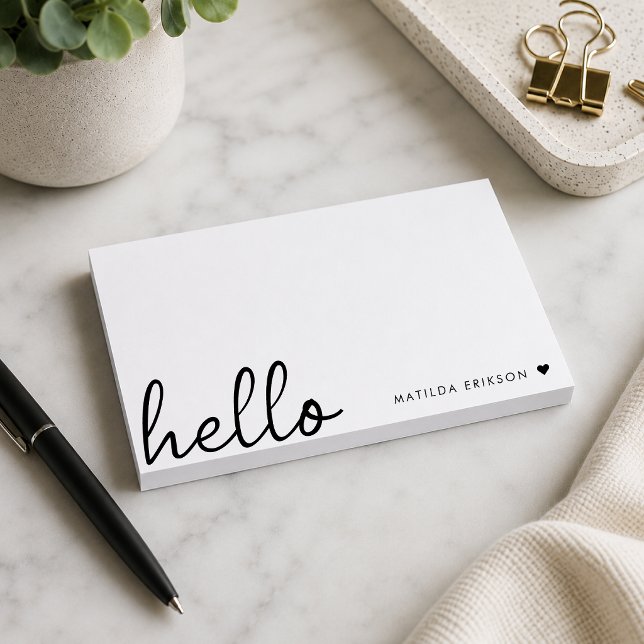 Minimal Hello Name Personalised Sticky Pad Post-it Notes (Personalized hello Post-it Notes with custom name for desks, planners, and everyday lists.)