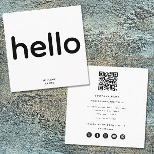 Minimal Hello QR Code Social Media Icons Square Business Card