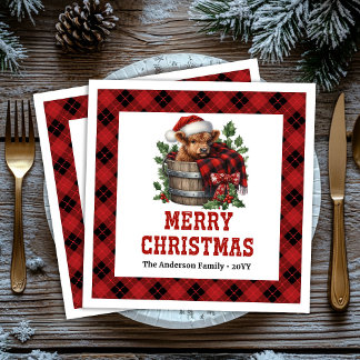 Minimal highland cow red black plaid napkins