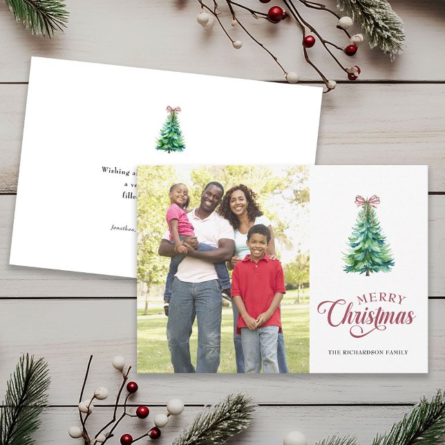 Minimal Holiday Tree Bow Photo Christmas Card (Creator Uploaded)
