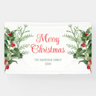 Minimal Holly Berries Branch Merry Christmas Banner