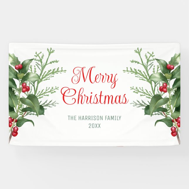 Minimal Holly Berries Branch Merry Christmas  Banner (Horizontal)
