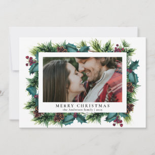 Minimal Holly Berries & Pine Photo Merry Christmas Holiday Card