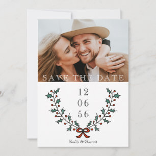 Minimal Holly Berry Holiday Photo Christmas Save The Date