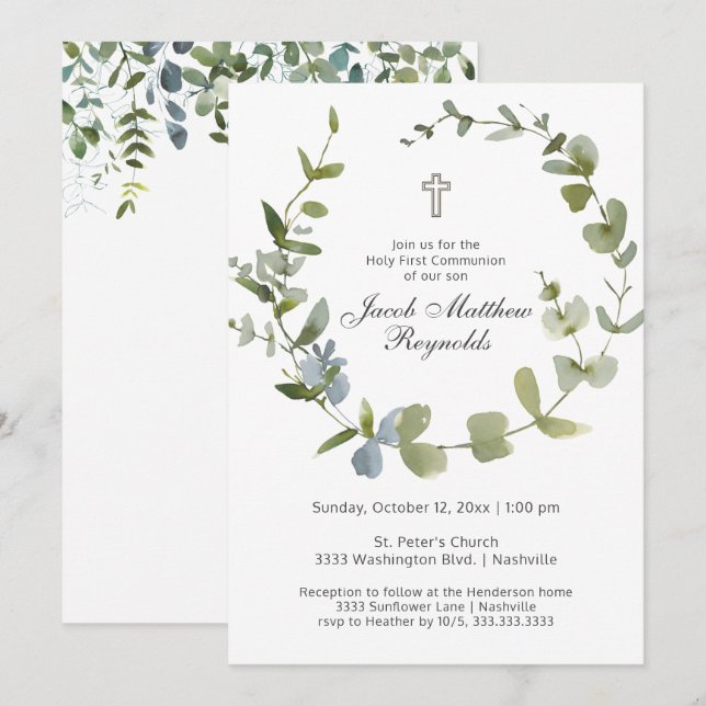 Minimal Holy Communion Eucalyptus Greenery Invitation (Front/Back)