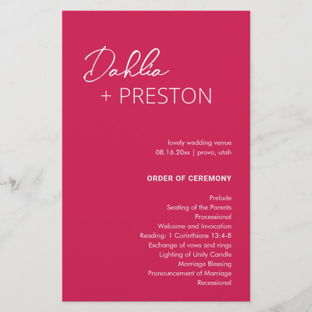 Minimal Hot Pink Modern Wedding Program (Front)