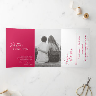 Minimal Hot Pink Photo Modern Wedding Tri-Fold Invitation
