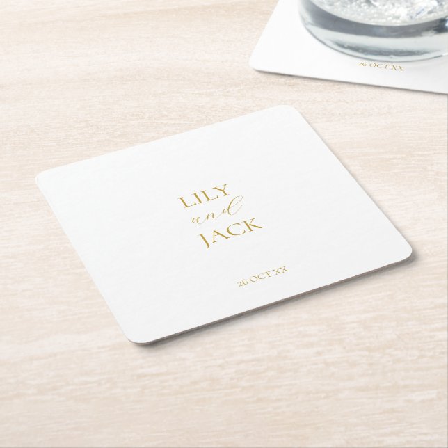 Minimal Imitation Gold White Wedding Paper Coaster (Angled)