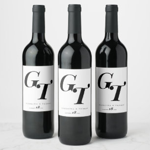 Minimal Initials Modern Black and White Wedding Wine Label