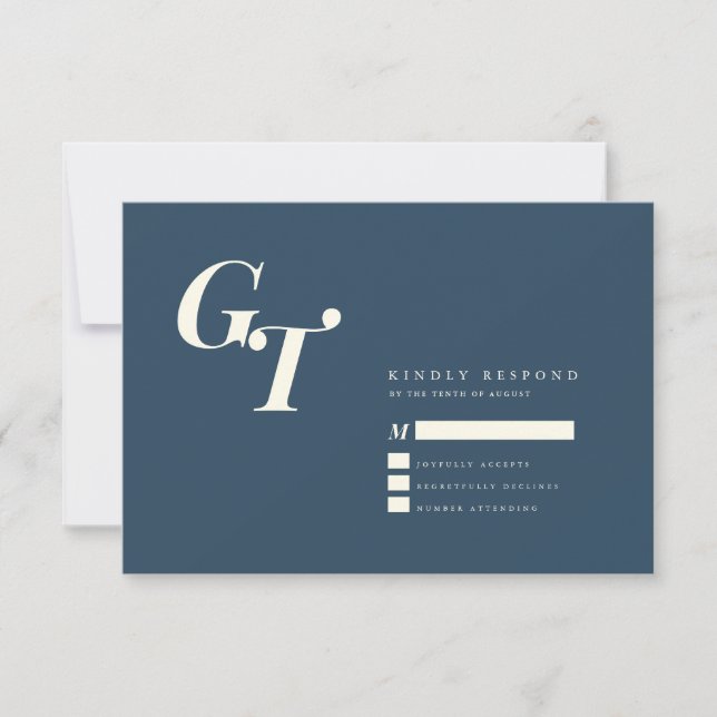 Minimal Initials | Modern Elegant Blue Wedding RSVP Card (Front)