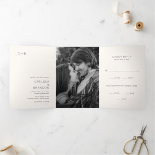 Minimal Ivory Monogram Photo Modern Wedding Tri-Fold Invitation