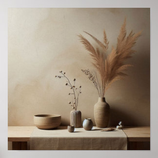 Minimal Japandi Scene with Soft Florals and Clay Poster