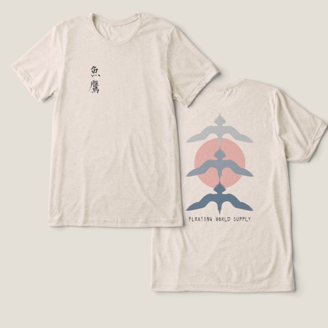 Minimal Japanese Fish Hawk Ukiyo-e Style Oatmeal Tri-Blend Shirt (Design Front & Back)