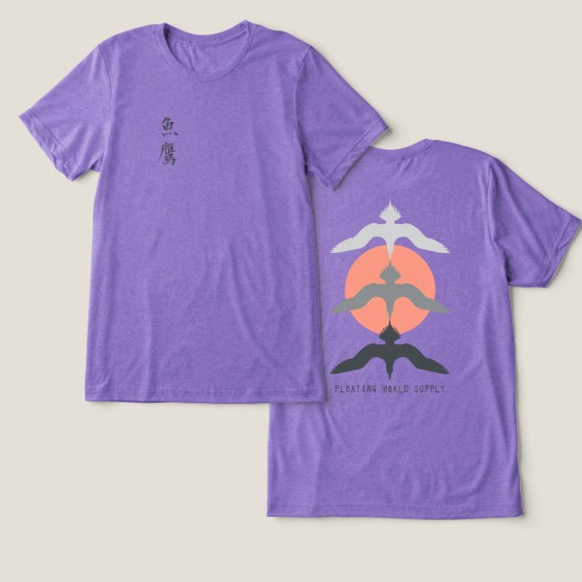 Minimal Japanese Fish Hawk Ukiyo-e Style Purple Tri-Blend Shirt (Design Front & Back)