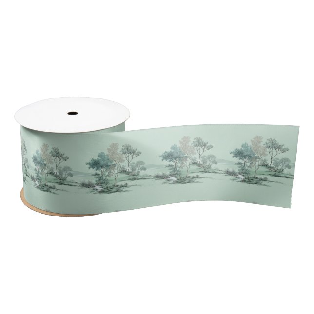 Minimal Japanese Landscape Trees Soft Green Water Satin Ribbon (Spool)