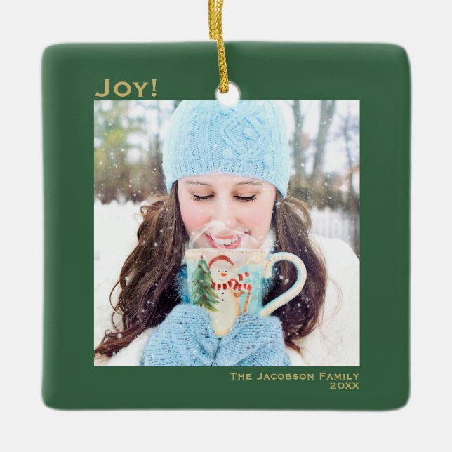 Minimal Joy Simple Christmas Holiday Photo Green Ceramic Ornament (Front)