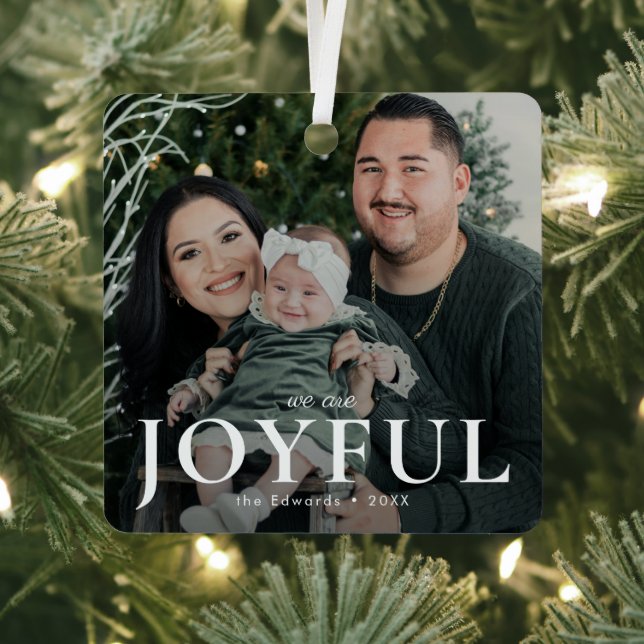 Minimal Joyful Family Photo Christmas  Metal Tree Decoration (Insitu)