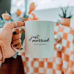 Minimal "Just Married" Script Roman Numeral Date Coffee Mug