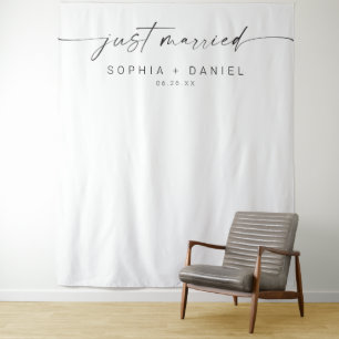Minimal Just Married Script Wedding Decor Backdrop Tapestry