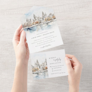 Minimal Kansas City Missouri Watercolor Wedding All In One Invitation