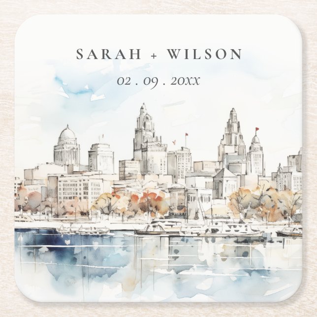 Minimal Kansas City Missouri Watercolor Wedding Square Paper Coaster (Front)