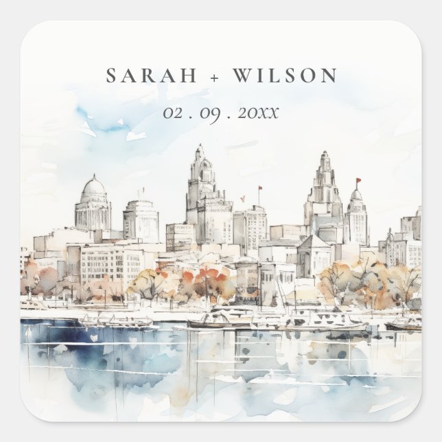 Minimal Kansas City Missouri Watercolor Wedding Square Sticker (Front)