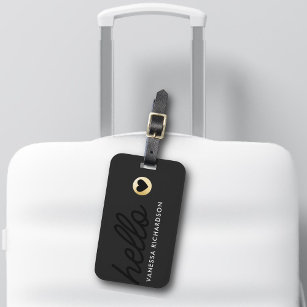 Minimal Large Hello Black Gold Heart Modern  Luggage Tag