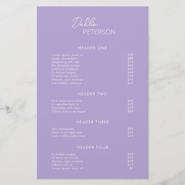 Minimal Lavender Modern Business Price List (Front)
