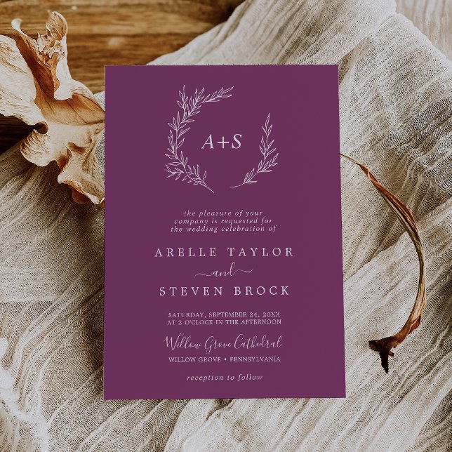 Minimal Leaf | Berry Formal Monogram Wedding Invitation (Creator Uploaded)