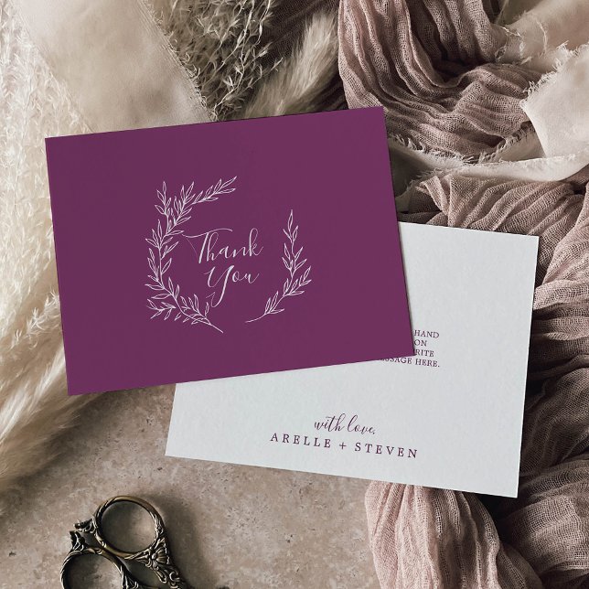 Minimal Leaf | Berry Purple Flat Thank You Card (Creator Uploaded)