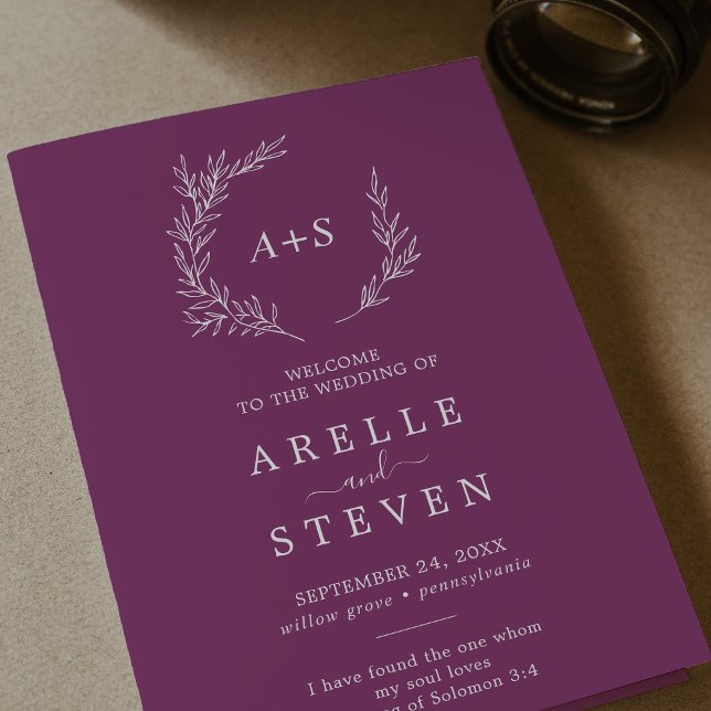 Minimal Leaf | Berry Purple Folded Wedding Programme (Creator Uploaded)