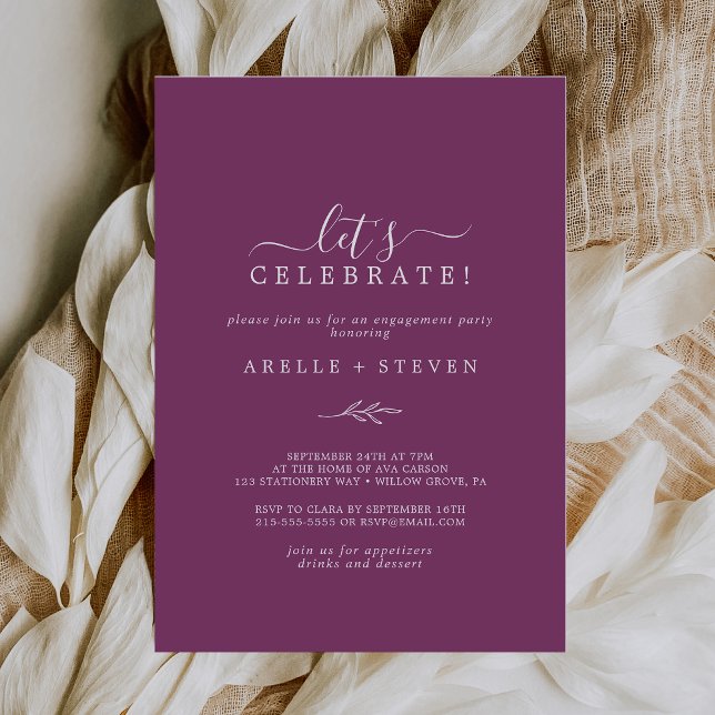 Minimal Leaf | Berry Purple Let's Celebrate Invitation (Creator Uploaded)