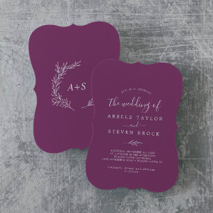 Minimal Leaf Berry Purple Monogram Back Wedding Invitation