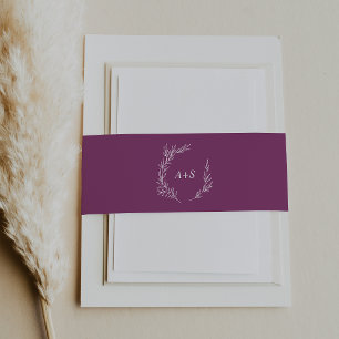 Minimal Leaf Berry Purple Monogram Wedding Invitation Belly Band