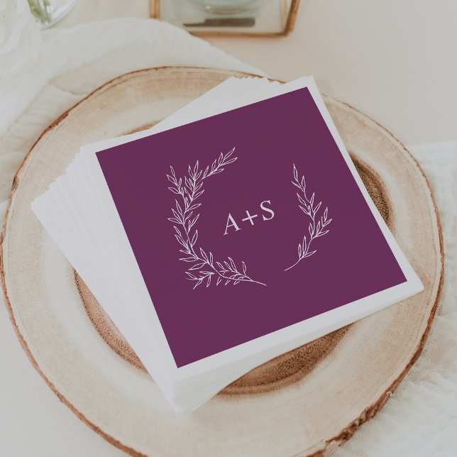 Minimal Leaf Berry Purple Monogram Wedding Napkins (Creator Uploaded)