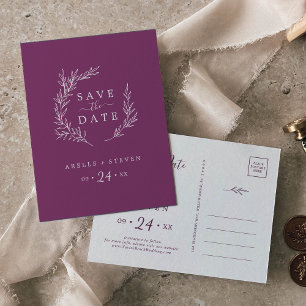 Minimal Leaf Berry Purple Save the Date Invitation Postcard