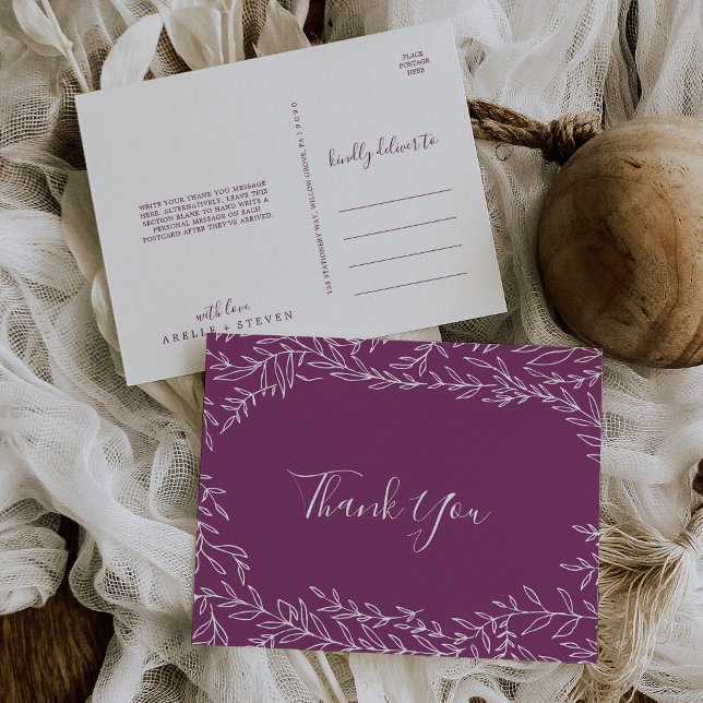 Minimal Leaf | Berry Purple Thank You Postcard (Creator Uploaded)