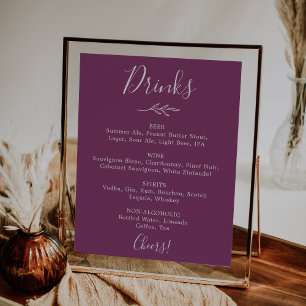 Minimal Leaf Berry Purple Wedding Drinks Menu Poster