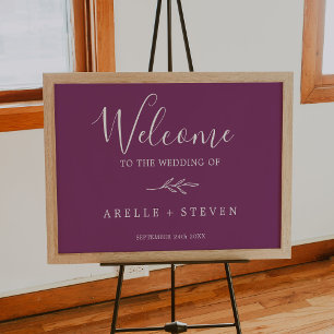 Minimal Leaf Berry Purple Wedding Welcome Poster