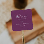 Minimal Leaf | Berry Purple Wedding Welcome Square Sticker<br><div class="desc">These minimal leaf berry purple wedding welcome stickers are perfect for a boho wedding. The design features a simple greenery leaf silhouette in a romantic summer violet colour with minimalist bohemian garden style. Personalise these stickers with the location of your wedding, names, and wedding date. These labels are perfect for...</div>