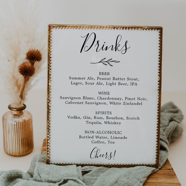 Minimal Leaf | Black and White Wedding Drinks Menu Poster (Creator Uploaded)