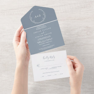 Minimal Leaf   Blue and White All In One Invitation