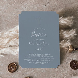 Minimal Leaf   Blue and White Baptism Invitation