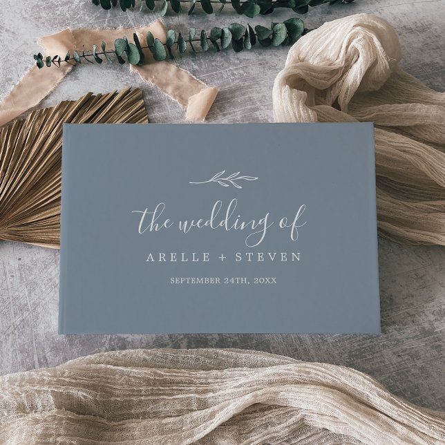 Minimal Leaf Blue and White Monogram Back Wedding Guest Book (Creator Uploaded)