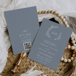 Minimal Leaf   Blue and White QR Code Wedding Invitation