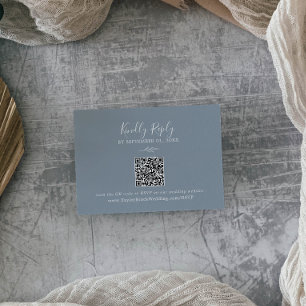 Minimal Leaf Blue and White QR Code Wedding RSVP Enclosure Card