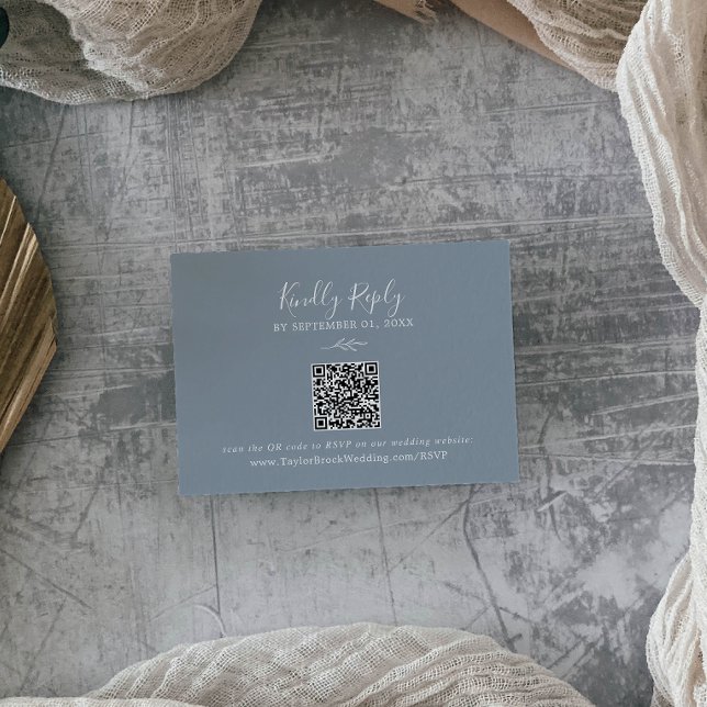 Minimal Leaf | Blue and White QR Code Wedding RSVP Enclosure Card (Creator Uploaded)