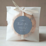 Minimal Leaf | Blue and White Thank You Favor Classic Round Sticker<br><div class="desc">These minimal leaf blue and white thank you wedding favor stickers are perfect for an elegant wedding reception. The design features a simple greenery silhouette in white on a dusty blue background with classic minimalist style. Personalize the sticker labels with your names, the event (if applicable), and the date. These...</div>